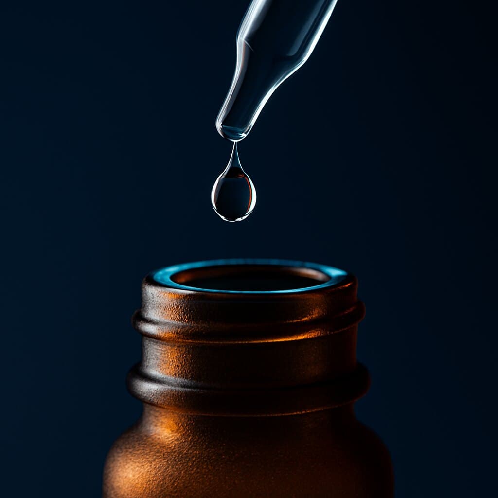 A single measured drop released from a pipette above an amber apothecary vial